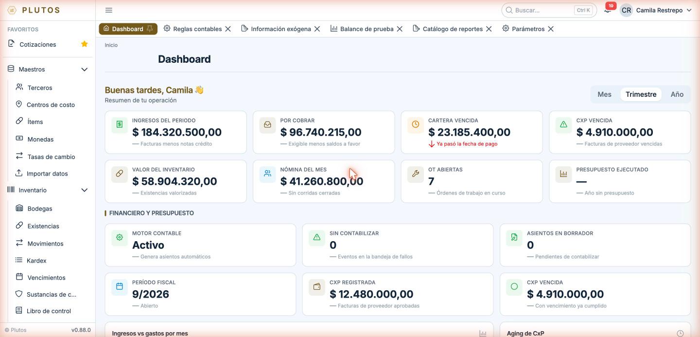 Panel de inicio de Plutos: ingresos del periodo, por cobrar, cartera vencida y el estado del motor contable.