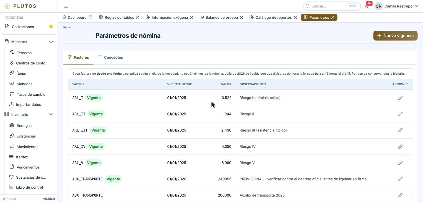 Parámetros de nómina con su fecha de vigencia: cada factor rige desde una fecha y se conserva la historia.